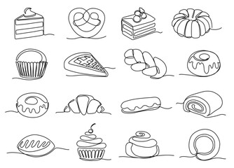 Continuous one line sweet bakery. Pastry and dessert icons vector illustration set with editable stroke paths