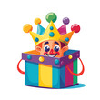 Vector flat color cute cartoon smiling jack-in-the-box jester with crown popping out of colorful gift boxes on a black background