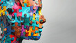 Close-up of a human face constructed entirely from colorful interlocking puzzle pieces