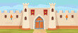 Medieval kingdom fortress gate. Majestic medieval castle with stone walls, royal stronghold cartoon vector background illustration