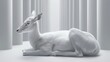   A white deer rests atop a pristine white floor Nearby stands a tall white column, and behind it, white curtains billow