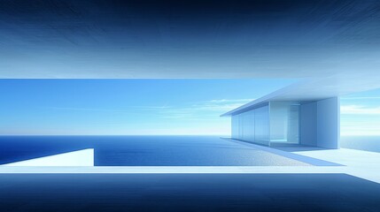 Poster -   A room offering a view of a body of water and a building, with the ocean visible from its opposite side