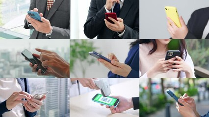 Poster - Collage of scenes of people using smart phones. Scaling transition from white background.