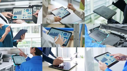 Aufkleber - Collage of scenes of people using tablet PCs in various industry. Scaling transition from white background.