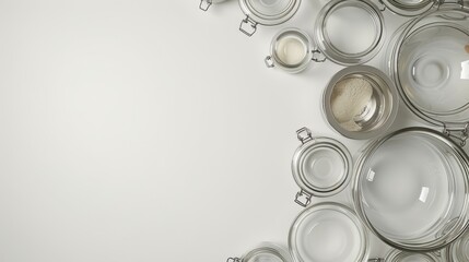   A collection of glass dishes atop a pristine white counter, neighboring a wall adorned with glass plates and pans