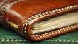   A tight shot of an opened book on a green leather surface, showcasing its intricate stitching pattern inside