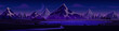 Night mountains landscape with lake or river, dark starry sky. Cartoon vector illustration of panoramic dusk midnight scenery with high rocky hill peaks, water pond and trees. Evening country scene.