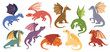 Magic dragons. Mythical creatures, flying dragon and fantasy monster isolated cartoon vector illustration set