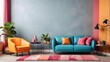 Brightly colored living room wall mockup featuring a leather sofa and armchair