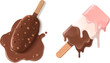 Melt ice cream summer icon cartoon vector design. Isolated tasty strawberry icecream with chocolate and nuts. Melted puddle of 3d gelato stick dessert on floor concept. Comic sundae fell on ground