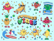 Cartoon summer vibes. Ice cream mascot, vacation fruits characters for seasonal party marketing or invitations design vector illustration set