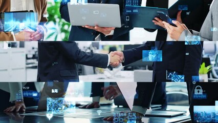Poster - Collage of various business scenes and digital technology concept. Digital transformation. Wipe transition from white background.