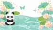   A pandas sits atop tranquil water, encircled by water lilies A butterfly hovers above