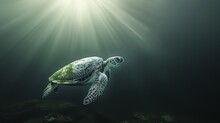   A Green Sea Turtle Swims In The Ocean, Sunlight Glinting Off Its Back, Head Bobbing Above The Surface