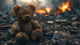 Fototapeta Góry - children's teddy bear toy over a burned city, destruction of the consequences of a military conflict.generative ai