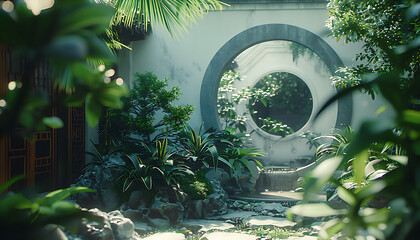 Wall Mural - Chinese style courtyard, small garden landscape design