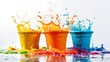 A dynamic photo of paint buckets knocked over, colorful paint splashing out in mid-air, capturing the movement and energy, on a stark white background. 