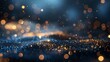 A mesmerizing abstract background featuring the serene beauty of dark blue complemented by the radiance of golden particles. The festive glow of Christmas golden lights introduces, AI Generative