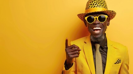 A man in a yellow suit and a leopard print hat is smiling