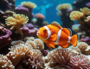 Wall Mural - Vibrant anemonefish gracefully swimming among colorful corals in a saltwater aquarium display