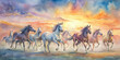 a group of horses against the sunset sky, watercolor