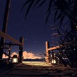 A captivating scene of a wooden pier under a starlit night sky, perfect for tranquil moments or nature-inspired design.