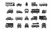 A Diverse Array Of Black And White Transport Icons Spanning Various Modes, From Traditional To Modern And Recreational Vehicles. 