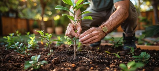 Man planting tree in dirt, grass and soil. Earthy gesture