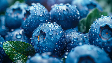 A close-up of fresh blueberries with water droplets on their surface, highlighting their texture and color