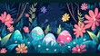 Easter Egg Hunt Design a vector thumbnail for an Easter egg hunt event, with colorful Easter eggs hidden among spring flowers, grass, and foliage, waiting to be discovered by excited children