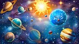 Fototapeta Kosmos - Solar system vector planet background, Sun, Earth, Jupiter, Saturn astrology planetary poster, stars. Space wallpaper, realistic education astronomy school banner