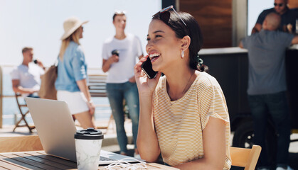 Canvas Print - Phone call, laptop and woman at outdoor coffee shop for remote work, happy networking or professional communication. Smartphone, computer and creative freelancer at cafe at lake for online project