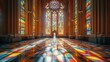 Majestic sunlight piercing high stained glass in a serene church, transcendent beauty, superlative quality, panoramic view, AI Generative