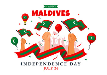 Happy Maldives Independence Day Vector Illustration on 26 July with Maldivian Wavy Flag and Ribbon in Flat Cartoon Background Design