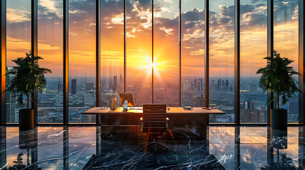 Wall Mural - Modern Office at Sunset, Panoramic City View Through Large Windows, Elegant Interior with Minimalist Design