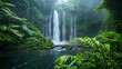 Waterfall amidst lush jungle foliage, pristine and serene. Nature's splendor captured in vibrant hues. Perfect for travel, adventure, and environmental themes.