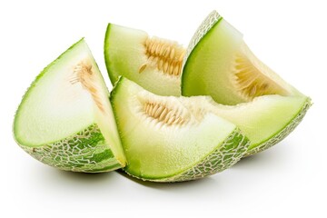 Wall Mural - Photo of green Japanese melon slices isolated on white background with clipping path full depth of field