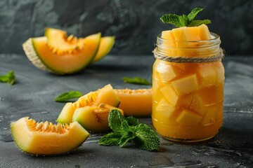 Canvas Print - Photo of Hami melon juice with mint in jar on table