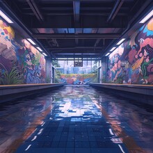 Gorgeous Subway Underpass Adorned With Vibrant Graffiti And Bathed In The Warm Glow Of Dawn. A Stunning Urban Scene Evoking Wonder And Anticipation.