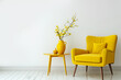 A piece of modern interior in yellow color. An upholstered chair with a coffee table and a yellow vase against a white wall
