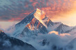 View of the Himalayas during a sunset time. Mt Everest visible through the clouds with dramatic and beautiful lighting