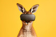 Portrait of a funny kangaroo in virtual reality glasses on yellow background. Studio shot