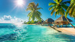 Tropical Overwater Bungalows in the Maldives with sun light