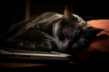 Beautiful Grey Cat Sleeping On Desk And Laptop.