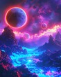 Illustrate a surreal galaxy wonderland in a tilted angle view, blending neon lights with cosmic elements Utilize digital rendering techniques to create a mesmerizing scene filled with fantasy and intr