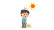 A picture of a person weakened by the heat of the sun with sweat flowing from his body.eps