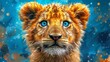 A cute baby lion with blue eyes looking at the camera with a colorful background.
