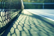 Lush tennis court, net shadow stripes, serene and unplayed , clean sharp focus