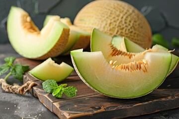 Poster - Ripe honeydew melon sliced on table High quality picture