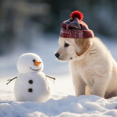 Wall Mural - Labrador retriever puppy in red hat looking at tiny snowman, winter time